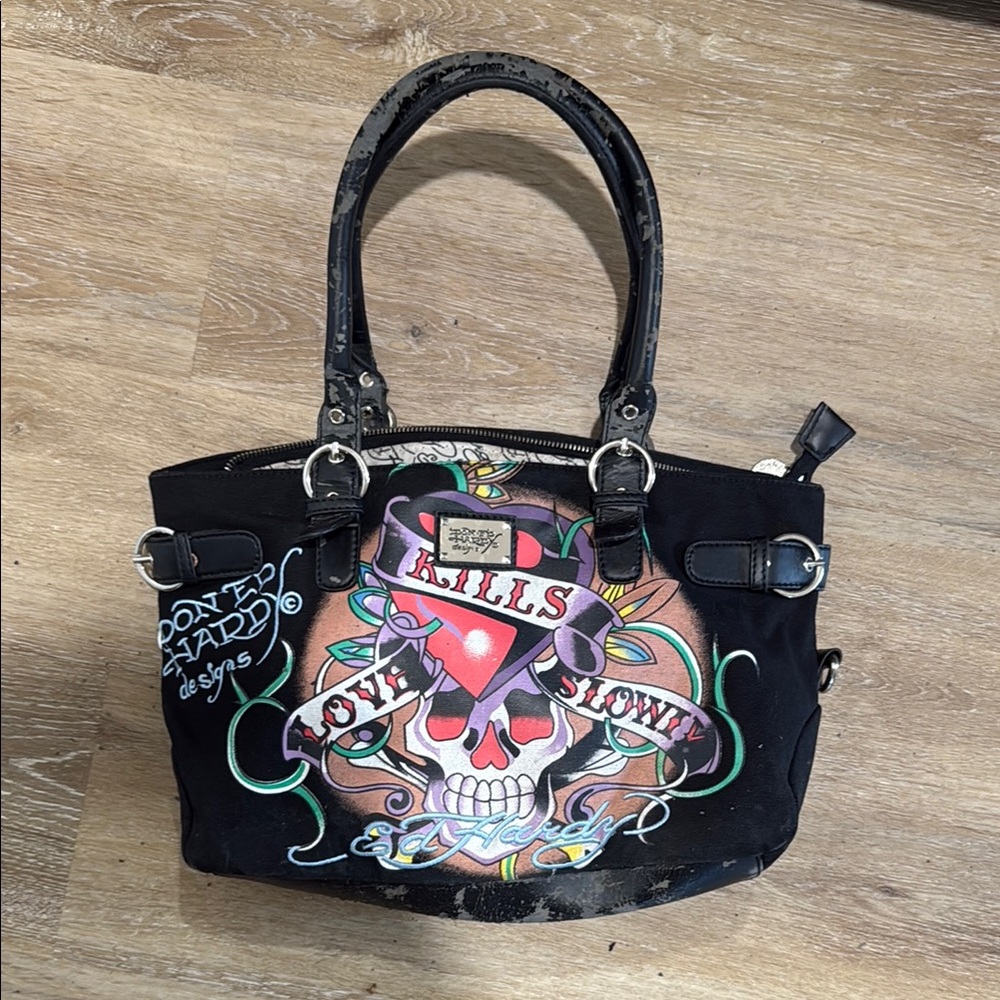 Original Vintage Ed Hardy Black Skull Shoulder Bag with Tattoo Art